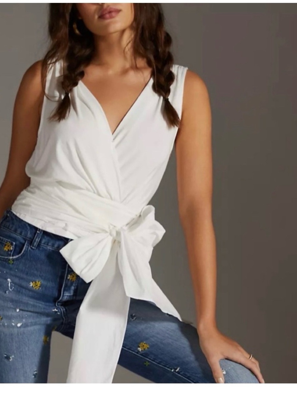 Anthropologie White Sleeveless Wrap Tie Waist Top